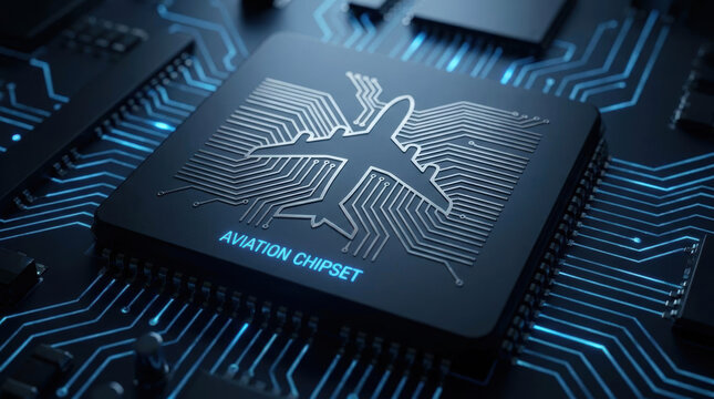 Aero industry technology concept with airplane shape electronic chipset symbolizing aviation innovation and digital transformation modern industry