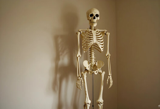 Human skeleton model for anatomy education and medical study, full body view with bones and skull