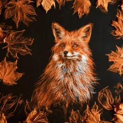Naklejka premium Chalk sketch of a fox with intricate fur details among leaves on a blackboard in a rustic setting. The artwork captures nature.