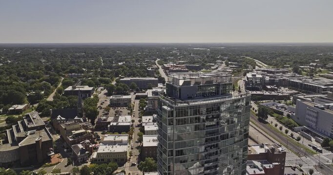 Durham North Carolina Aerial v11 birdseye flyover around downtown towers, city blocks and the railroad corridor - Shot with Mavic 3 Pro Cine - Oct 1st 2023