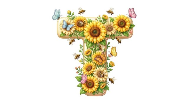 Floral letter T with yellow sunflowers and butterflies, botanical alphabet illustration, summer garden flower typography