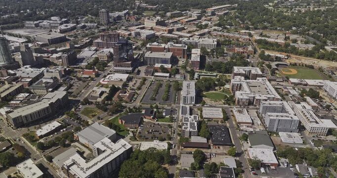 Durham North Carolina Aerial v23 birdseye flyover from Old Five Points across Central Park and the Warehouse District toward downtown - Shot with Mavic 3 Pro Cine - Oct 1st 2023