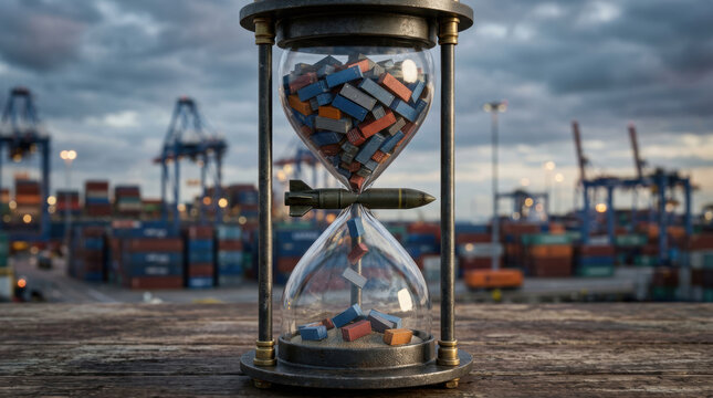 Hourglass with container models and missile in middle symbolizing global supply chain crisis and time pressure in logistics