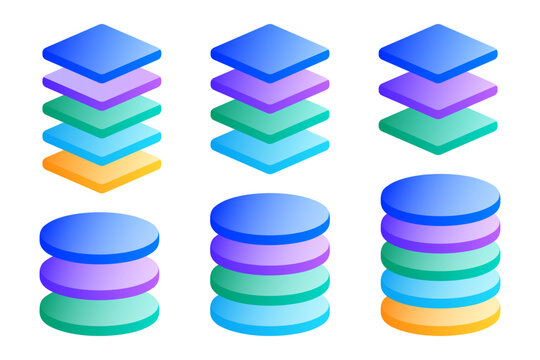 3D Isometric Stacked Layers Infographic Set with 3, 4, 5 layers, featuring Square and Cylinder Shapes for Data and Process Presentation