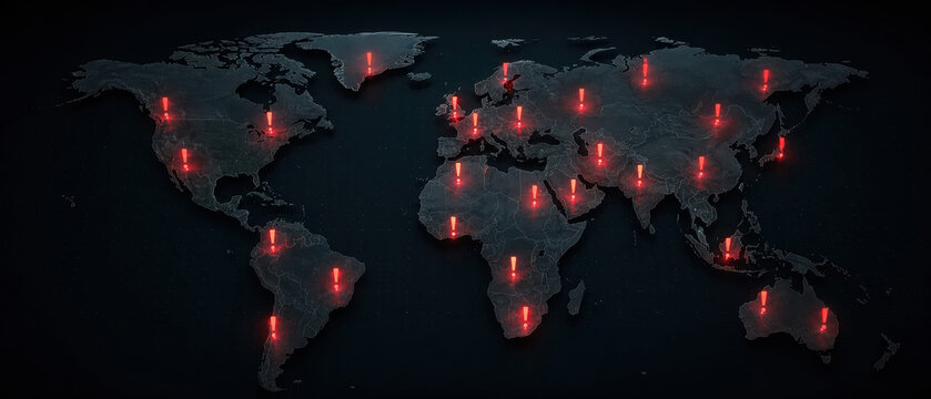Global supply chain crisis highlighted on world map with red glowing markers showing critical points of disruption and impact worldwide