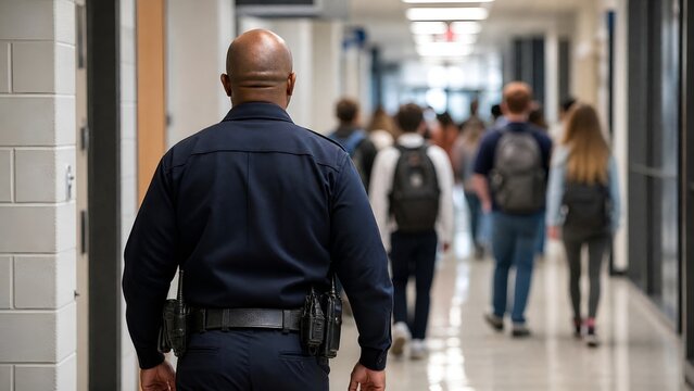 School Resource Officer Patrolling a Busy High School Hallway During the Morning Class Transition