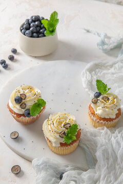 Cupcakes with white cream frosting and blueberries on a marble board
