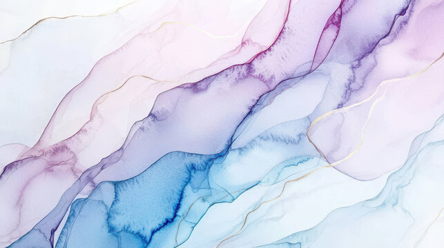 Elegant abstract background featuring smooth flowing waves in pastel colors of pink, purple, and blue with delicate gold accents