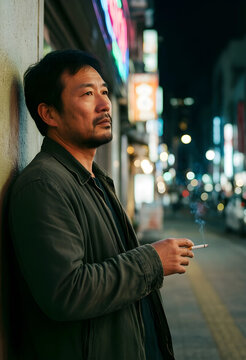 Asian man smoking a cigarette on a city street at night, urban lifestyle and contemplation