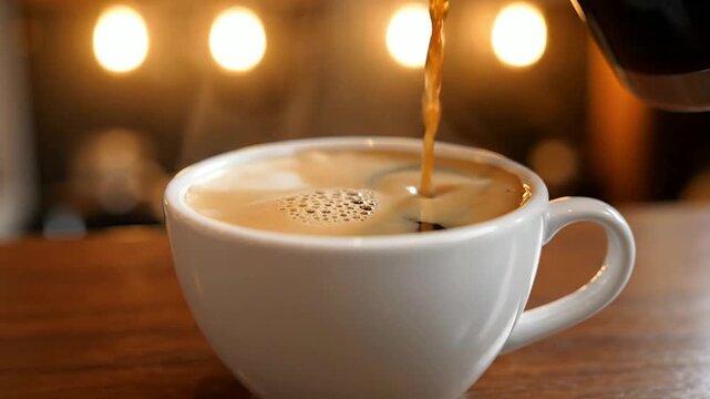 Macro Shot of Coffee Being Poured Into a White Cup with Warm Ambient Light Creating a Cozy Cafe Atmosphere