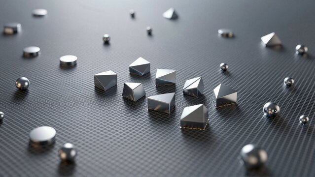 group small metallic objects arranged grid like pattern dark grey surface objects appear metal shiny metallic finish different shapes sizes including triangles squares rectangles objects round silver