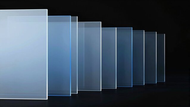 group six rectangular glass panels arranged row black background panels different sizes shapes largest one side smallest one middle glass panels same size shape transparent background completely