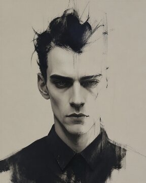 Close portrait of a serious man with distressed sketch texture. Unrecognized superhero concept, masculine isolation, emotional struggle, and resistance against a hostile world.