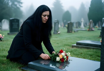 Fototapeta premium Woman in black kneeling at a tombstone with flowers in a foggy cemetery, Grief and loss concept, Grief and loss are profound human emotions