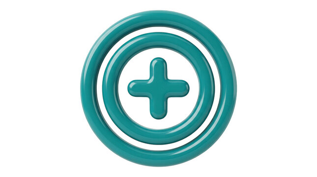 3d render of a glossy teal plus sign icon inside a circular frame isolated on transparent background