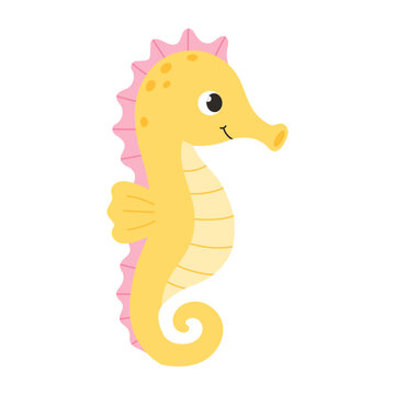 Cute smiling seahorse cartoon illustration. Friendly marine animal in simple flat style for children, nursery decor, educational materials, books and baby products. Isolated on white background