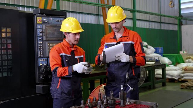 Engineer worker helmet factory machine tablet inspection metal tool industrial production floor technicians safety gear checking part workshop equipment blueprint uniform hard hat document