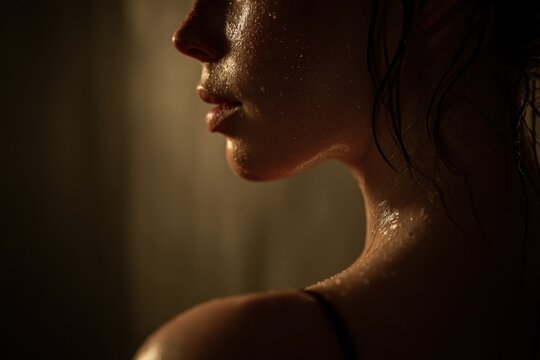 Profile view of a woman with wet skin and glistening droplets on her shoulder illuminated by soft warm lighting in a dark, intimate setting