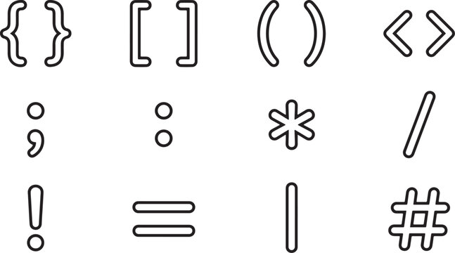 Punctuation mark and coding symbol line icon set collection vector