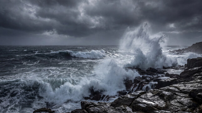 Powerful ocean waves crashing against rocky shoreline with white spray exploding upward under heavy grey storm clouds showing coastal erosion risk and dangerous surf conditions