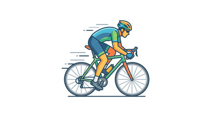Fototapeta premium Vector illustration of a male cyclist riding a road bike in a dynamic racing posture, wearing a helmet and cycling gear, depicted with motion lines on a white background.
