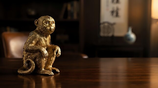Golden decorative monkey figurine sitting on wooden surface