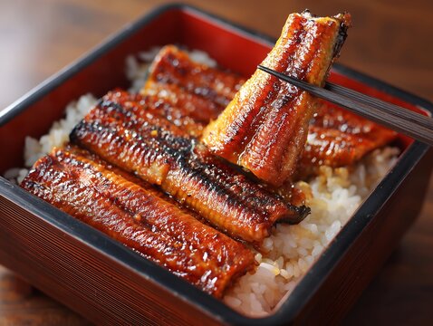 高級感のある重箱に盛り付けられた艶やかなタレが食欲をそそる美味しそうなうな重の料理写真