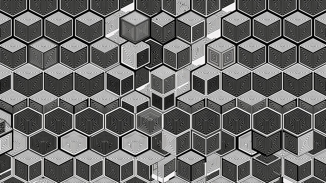 Intricate geometric hexagonal pattern with repeating abstract cube designs in black and white seamless texture