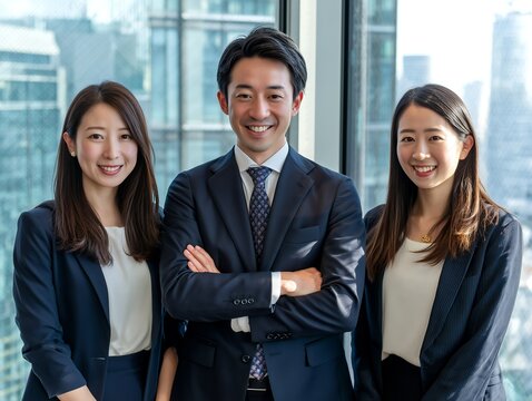 オフィスビルを背景に腕を組み自信に満ちた笑顔で並ぶビジネスマンとビジネスウーマンの3人