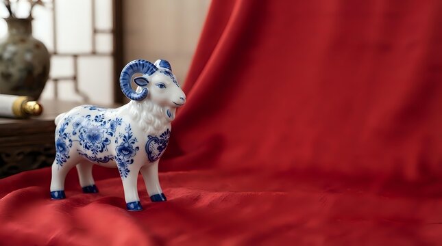 Decorative porcelain lamb figurine with blue and white floral patterns