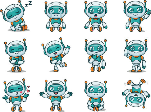 Set of cute robot character expressions and poses