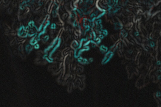 Abstract dark background featuring glowing turquoise and red intricate curved lines