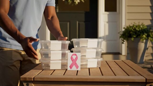 Meal Train Support: Neighbor Placing Meal Containers on Wooden Table for Community Cancer Awareness Initiative with Pink Ribbon