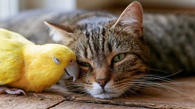 The Cat and Parrot Companionship Tranquil Closeup on a Weathered Wooden Floor