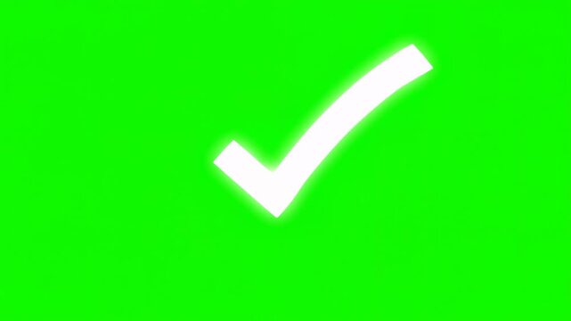 Glowing white check mark on green screen background. Animated success symbol for validation. Bright neon tick icon for approval and completion.