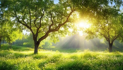 Obraz premium Panoromic landscape with sunbeams filtering through ancient trees on a lush green summer meadow land