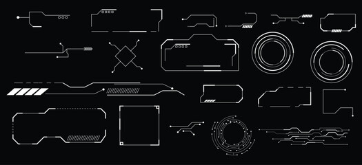 Futuristic HUD interface elements featuring geometric frames, circuit lines, circular displays and sci-fi technology graphics for digital interfaces, gaming and technology © Dignswr Studio