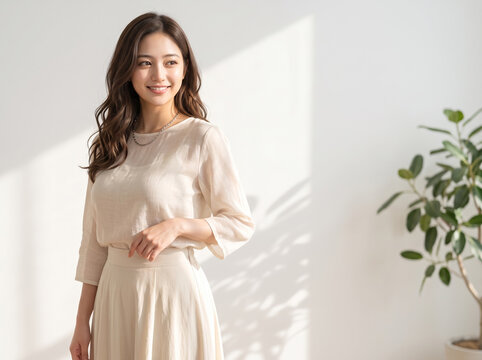 光が差し込む白い空間で佇むシアーな服の大人女性