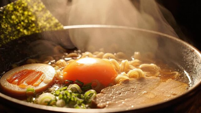 Steaming bowl of ramen with noodles, egg, pork, mushroom, and scallion garnish served as a hearty Japanese comfort meal