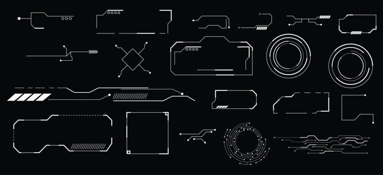 Futuristic HUD interface elements featuring geometric frames, circuit lines, circular displays and sci-fi technology graphics for digital interfaces, gaming and technology