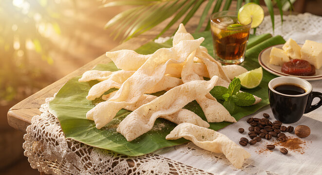 Traditional Brazilian biscoito de polvilho, light cassava starch crackers, served on a banana leaf with coffee, lime, cheese, and tropical-inspired styling.