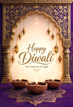 Beautiful diwali festival of lights celebration with diya lamps and ornate archway decoration