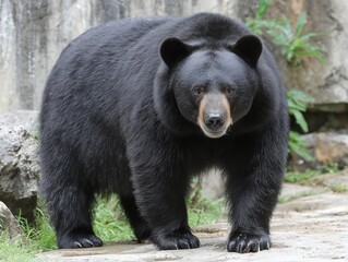 Obraz premium 岩場の前でこちらをじっと見つめる強靭な体つきをした野生のツキノワグマの全身写真