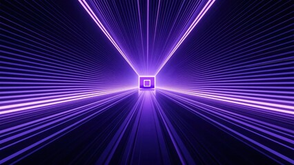 Fototapeta premium Long purple glowing neon light tunnel with radial lines converging to square portal at end for modern futuristic digital technology motion and speed concept