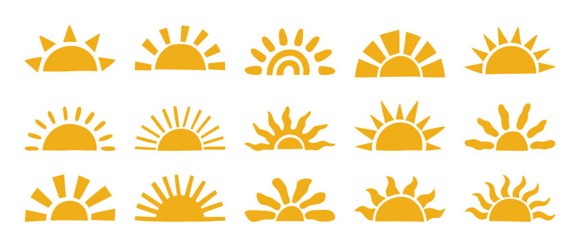 Hand drawn sun icon collection. Sunset in modern minimal style. Set of boho abstract sunrise symbols with rays. Perfect for weather apps, logos, branding, stickers, summer designs and boho projects