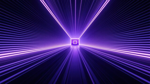 Long purple glowing neon light tunnel with radial lines converging to square portal at end for modern futuristic digital technology motion and speed concept
