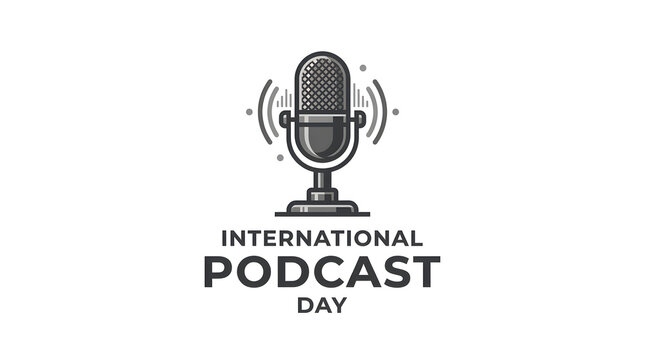 International podcast day graphic with retro microphone and sound waves illustration, podcast host