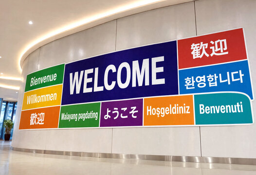 Bright multilingual welcome sign with various languages displayed in a modern indoor setting