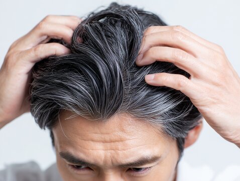 鏡の前で自分の頭頂部や生え際にある白髪を気にして手でかき分けるミドル世代の男性