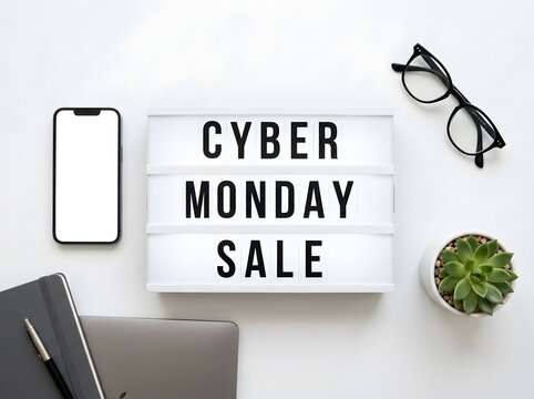 A top view of a lightbox with the text cyber monday sale next to a blank smartphone glasses and office supplies on white background